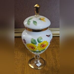 Vintage Gift Gallery Footed Clear White Glass Hand Painted Lidded Apothecary Jar